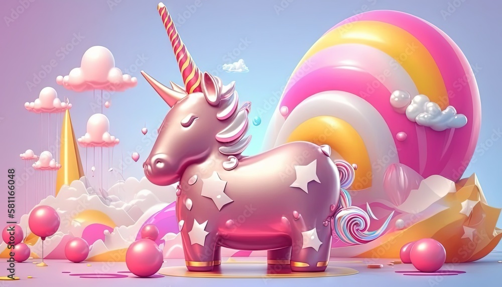 Poster a unicorn with a rainbow mane standing in front of a rainbow colored background with balloons and cl