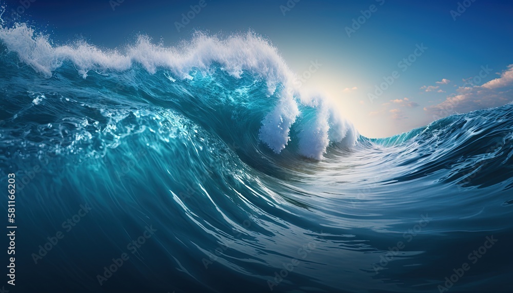 Poster an ocean wave with a sun in the background and a blue sky with clouds in the foreground and a blue s