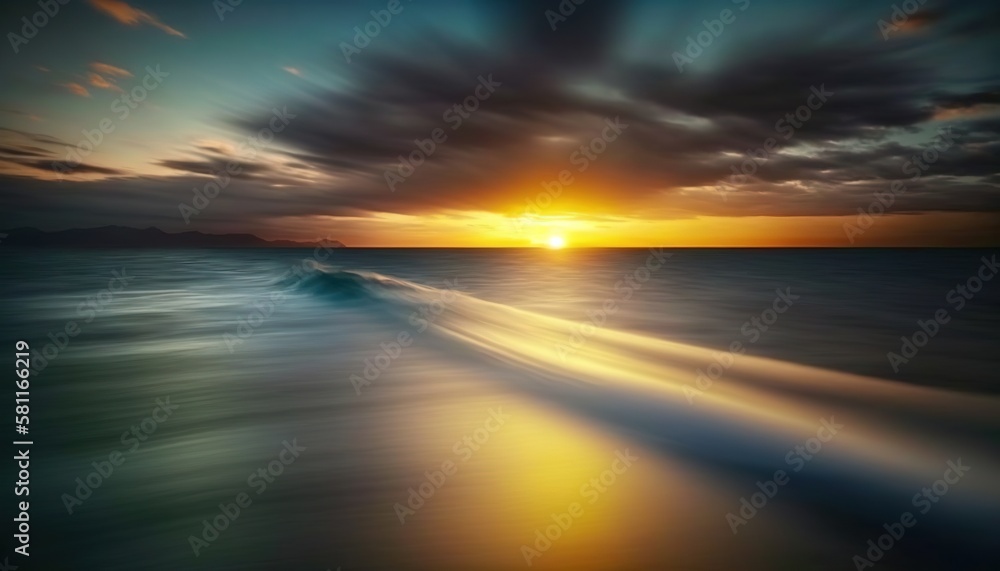 Poster the sun is setting over the ocean with a wave in the foreground and a mountain in the distance in th
