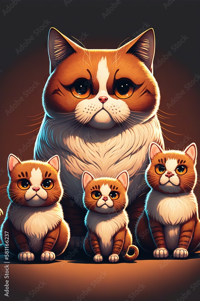 Poster a family of cats sitting next to each other on a black background with a brown background and a whit
