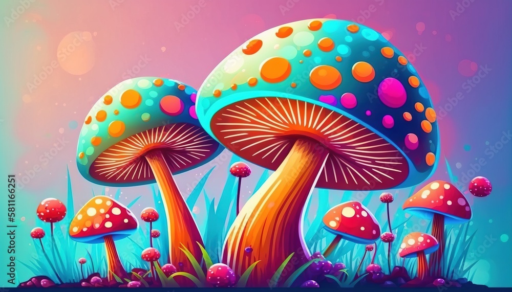 Poster a group of colorful mushrooms on a blue and pink background with a pink sky in the background and a 