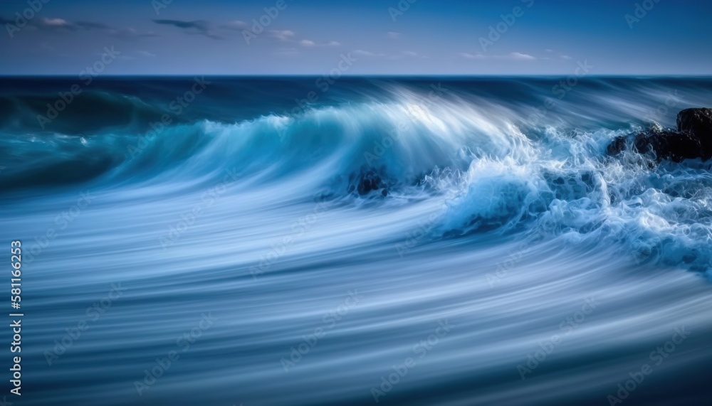 Poster a large body of water with waves coming in to shore and a rock in the middle of the water with a sky