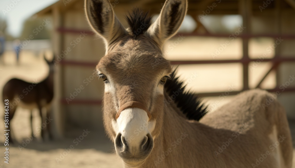 Poster a donkey standing in front of a building with another horse in the back ground and a building in the