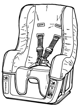 recommend clip art: Black and white illustration of a car seat in line technique 
                    