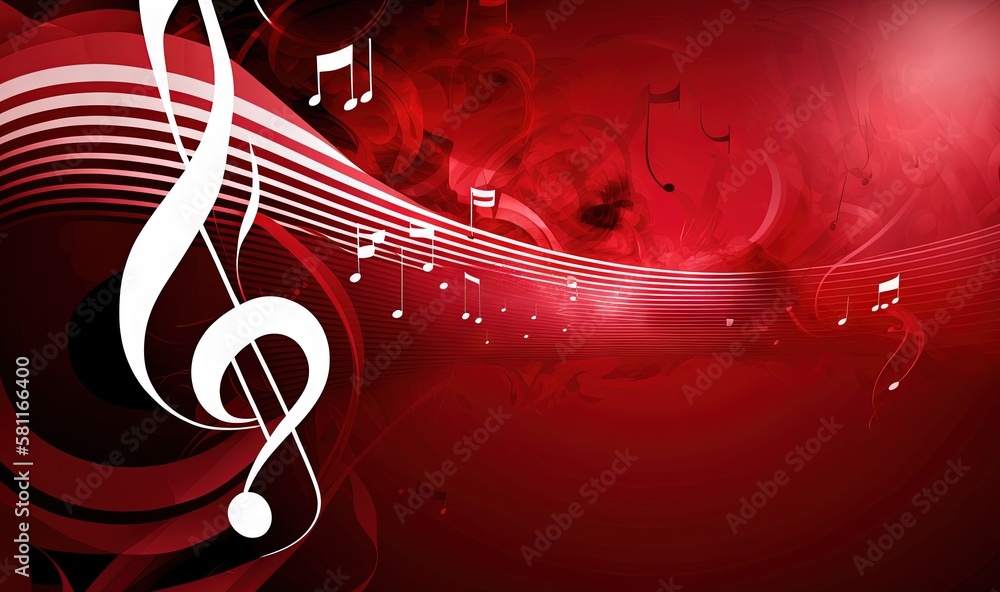 Poster a red background with musical notes and a treble on it's side, with a black and white swirl in the m