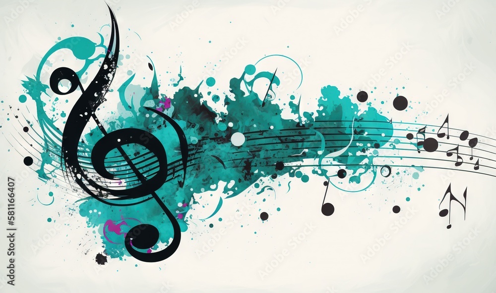 Aufkleber a music note with a splash of paint on it's side and music notes on it's side, with a splash of pain