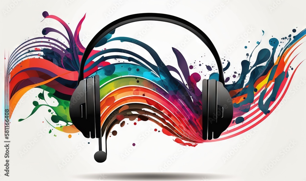 Poster a pair of headphones with colorful paint splatters on them and a white background with a splash of p