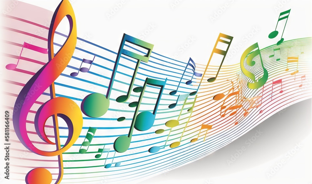 Poster a group of musical notes with a rainbow of colors on a white background with a shadow of music notes