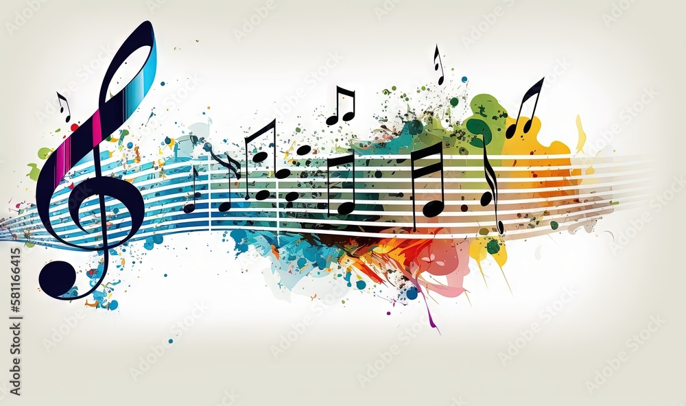 Poster a colorful music note with musical notes painted on the side of it and a splash of paint on the side