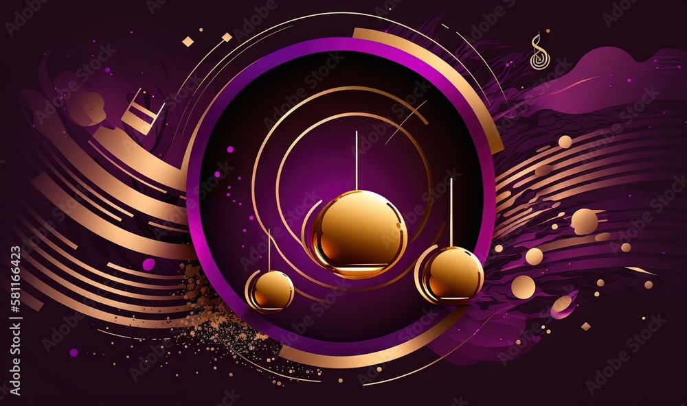 Poster a purple and gold abstract background with circles and circles on the bottom of the image, with a go