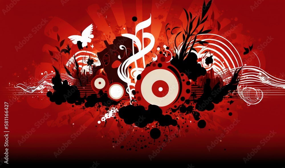 Poster a red background with music notes and a musical instrument with a bird flying above it and a bird fl