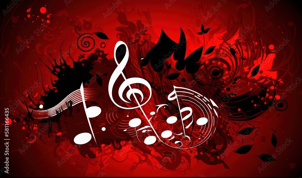 Poster a red background with music notes and a treble clefs on top of each other with a black and white des
