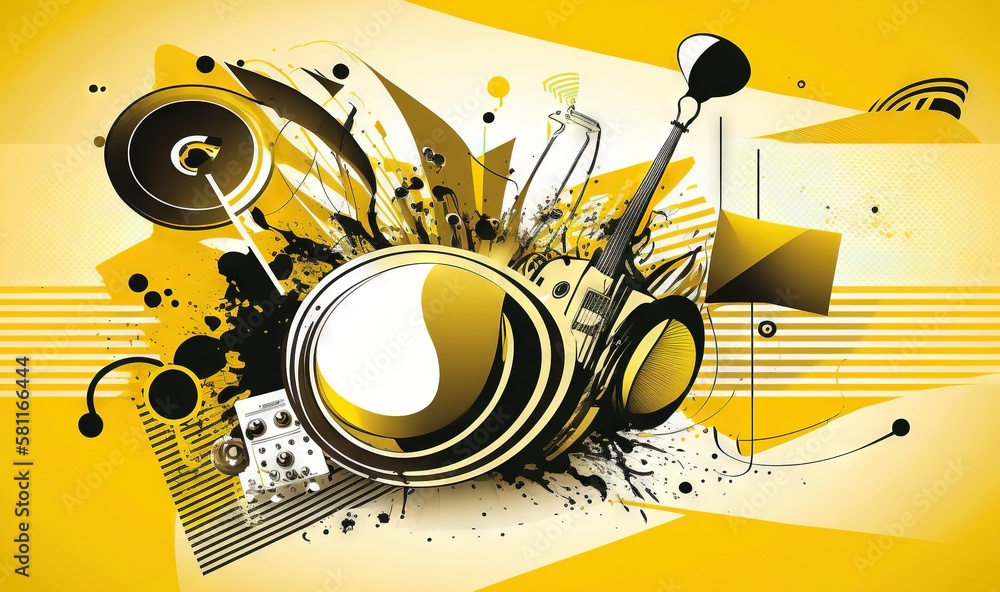 Poster a yellow and black abstract background with a pair of headphones and a boombox in the middle of the 