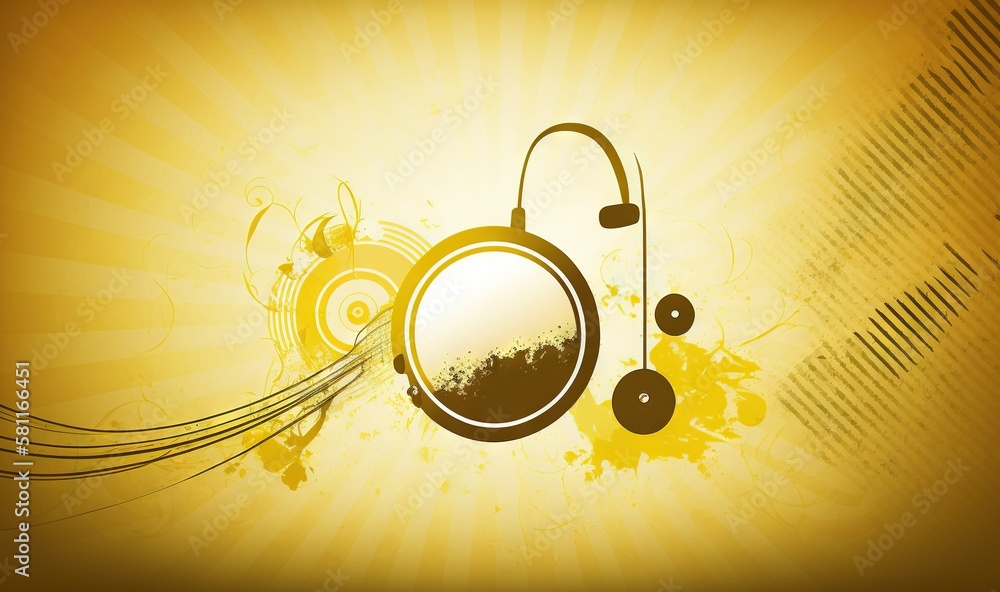 Poster a pair of headphones on a yellow background with a sunburst pattern in the middle of the frame and a