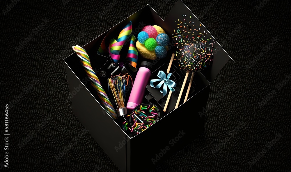 Poster a black box filled with assorted candy and lollipops on a black tablecloth background with a black b