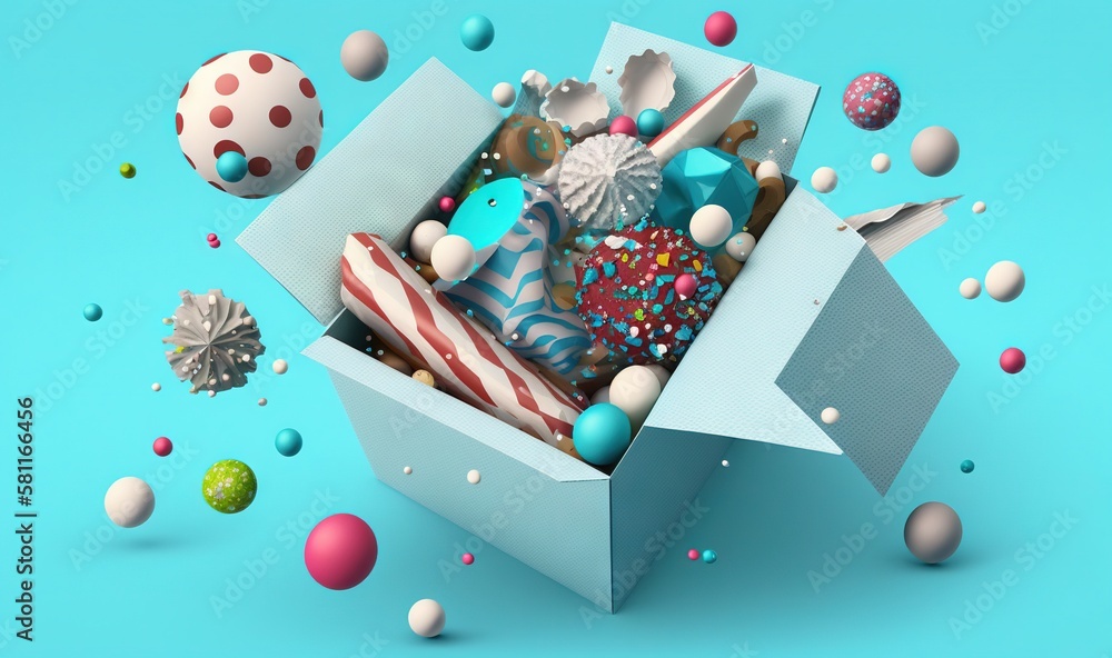 Poster a box filled with lots of different types of candies and candies on a blue background with confetti 