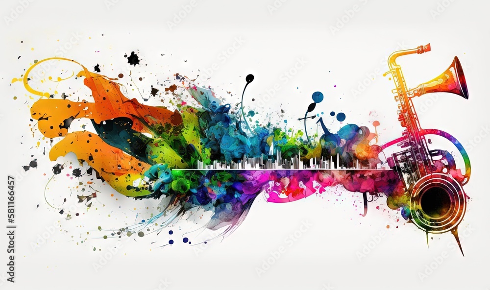 Poster a musical instrument with colorful paint splatters and music notes on the top of it, and a piano key