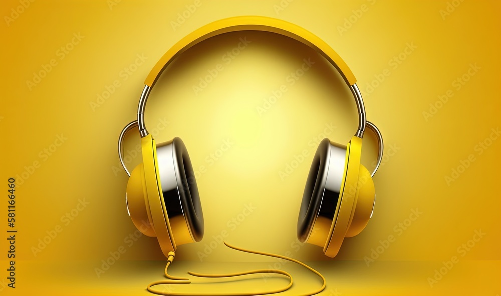 Poster a pair of headphones with a cord on a yellow background with a shadow of the headphones and a cord o