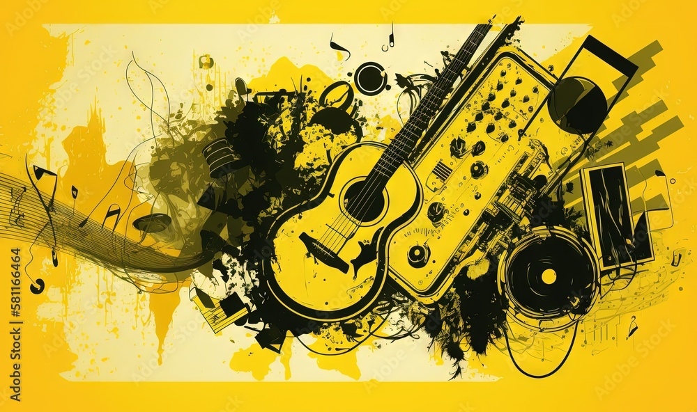 Poster a yellow background with a guitar and music notes on it and a yellow background with music notes on 