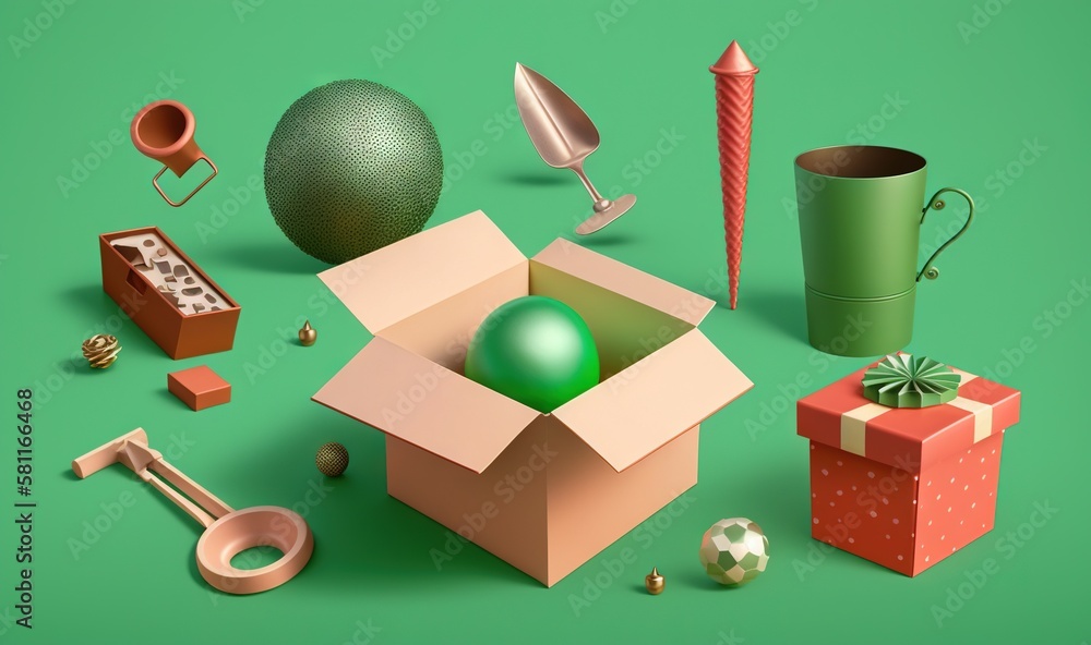 Poster  a box with a green ball inside of it next to other items on a green surface with a green background and a red box with a green ball in the middle.  generative ai