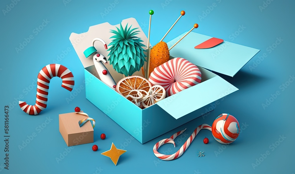 Poster a box filled with assorted items on top of a blue table top next to candy canes and a star shaped bo