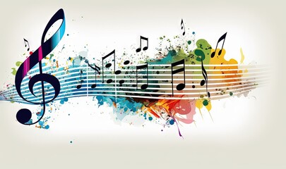  a colorful music note with musical notes painted on the side of it and a splash of paint on the side of the note, with a white background.  generative ai