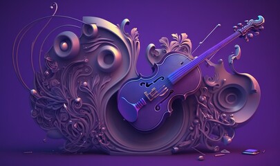  a purple violin with intricate designs on a purple background with a cell phone in the foreground and a purple background with a purple background.  generative ai
