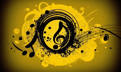  a music note with musical notes on a black and yellow background with swirls and circles of music notes in the center of the image.  generative ai