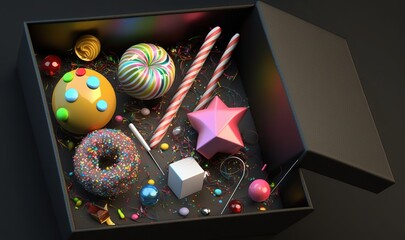  a box filled with different types of candies and donuts next to a star and a candy cane with a candle on top of the box.  generative ai