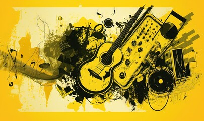 Fototapeta na wymiar a yellow background with a guitar and music notes on it and a yellow background with music notes on it and a yellow background with music notes. generative ai