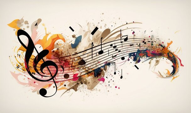  a music note with colorful paint splatters and music notes on the side of it, with a white background and a black and orange border.  generative ai