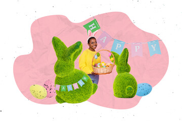 Collage picture of cheerful positive girl hold egg food basket big handicraft fluffy bunny toys...