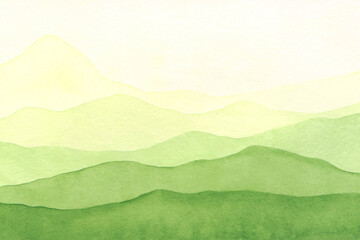 Watercolor, abstract, texture background with a view of green hills, fields and mountains. Drawn by hand. For decoration and design with place for text.