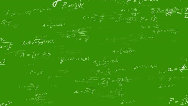 Random math equation formula text background teaching engineering, teaching equations and formulas backgrounds for teaching Green screen background animation