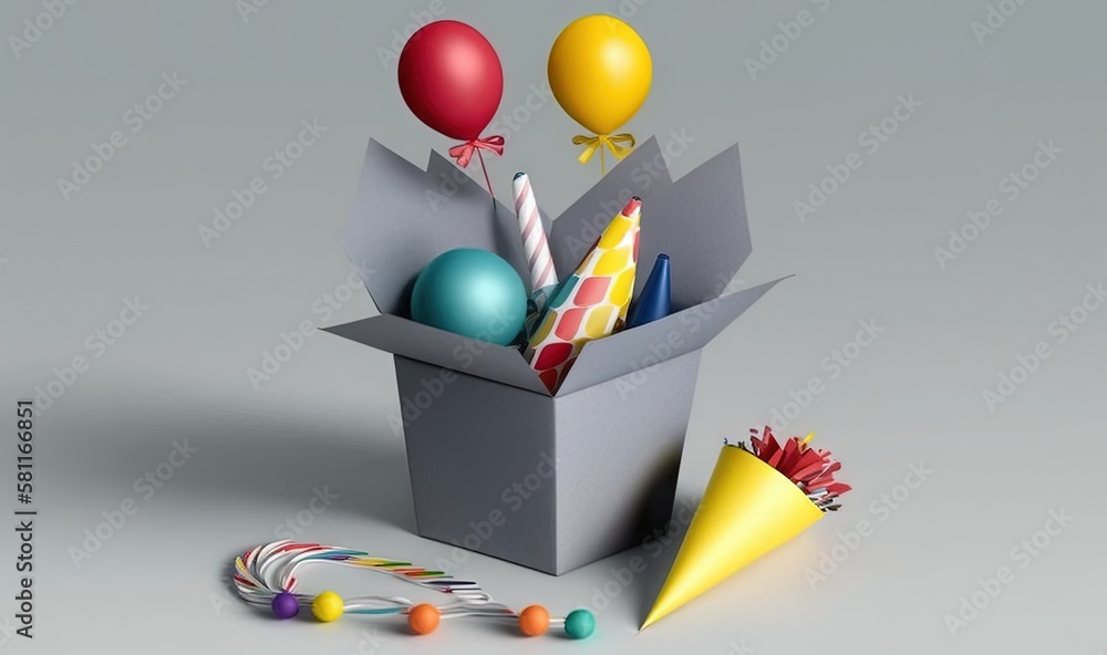 Poster  a box with balloons and a party hat on a gray background with a string of colorful balls and a candy cane in it and a party hat on the floor.  generative ai