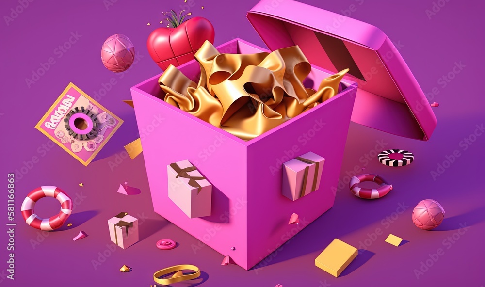 Poster a pink box filled with lots of different items on top of a purple surface with a candy box in the mi