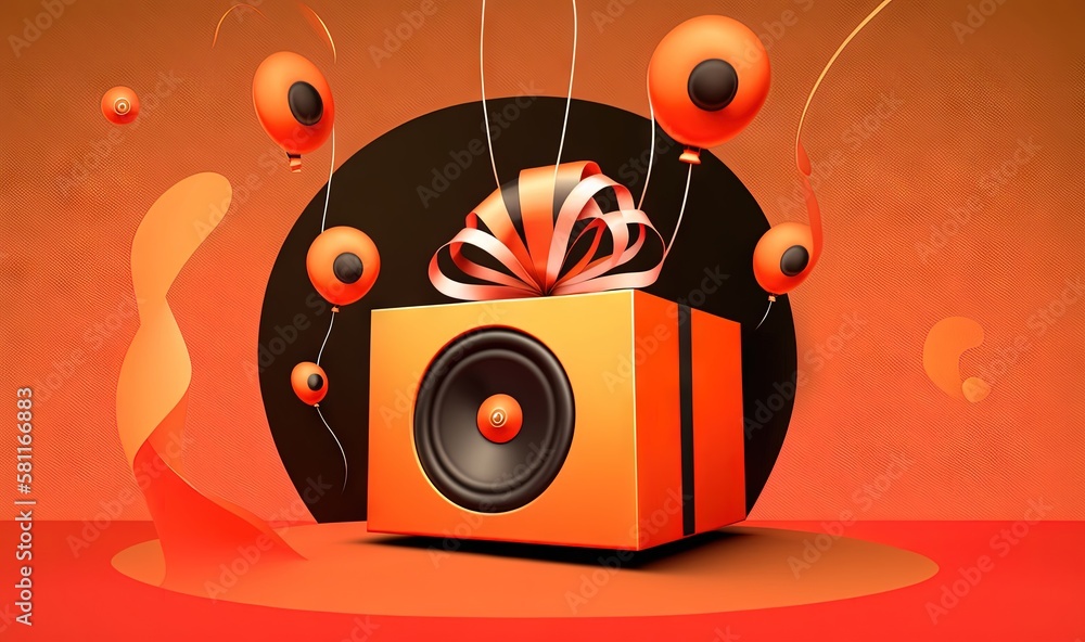 Poster an orange box with a bow and some red balls around it and a red ribbon on the top of the box is surr