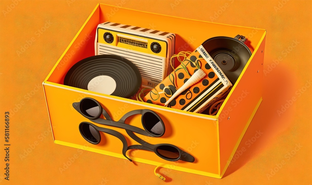 Poster a yellow box with a pair of scissors and a record player inside of it with a pair of black sunglasse