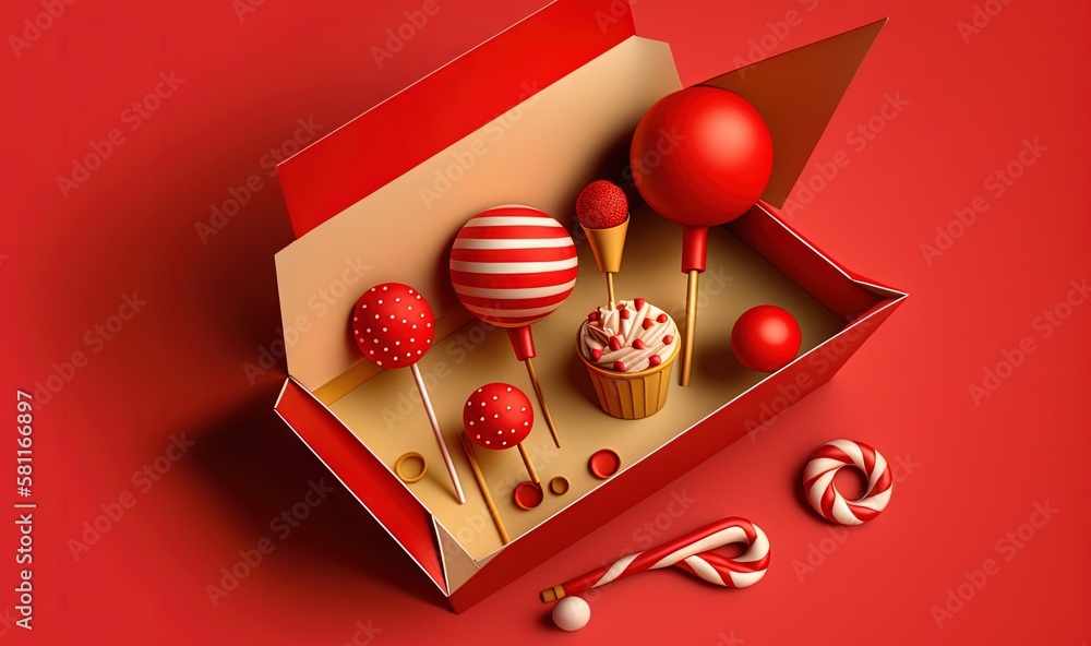Poster a red box filled with candy and lollipops on a red surface with a candy cane in the middle of the bo