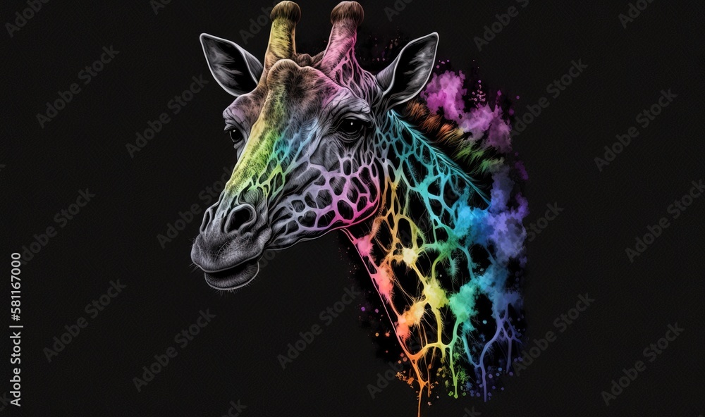 Poster a colorful giraffe with a black background and a black background with a black background and a blac