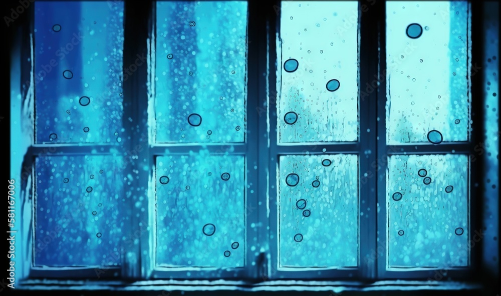 Aufkleber a window with rain drops on it and a blue sky behind the window pane is a window with a blue sky and