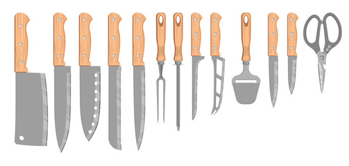 Knifes set or Kitchen knives. Cutlery Set. Vector illustration. Knife and cutter. Isolated on white.