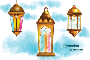 Ramadan kareem three colorful traditional islamic lamps card background