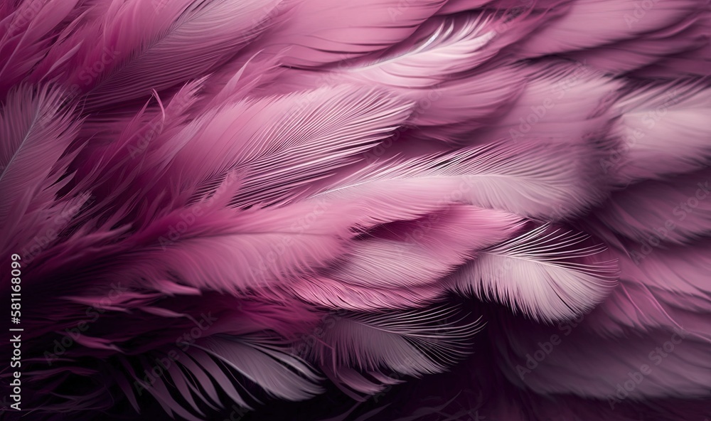 Poster a close up of a bird's feathers with a purple and white background and a black background with a pin