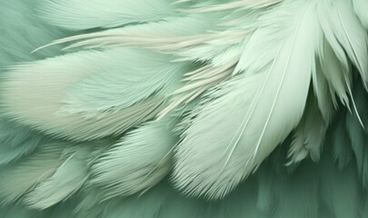  a close up of a white feather on a green background with a blurry image of the feathers and the feathers of a bird's tail.  generative ai