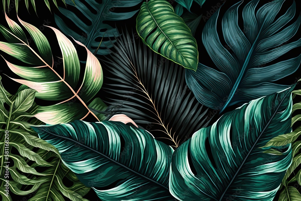 Poster a bunch of tropical leaves on a black background with a green and pink color scheme on the bottom of