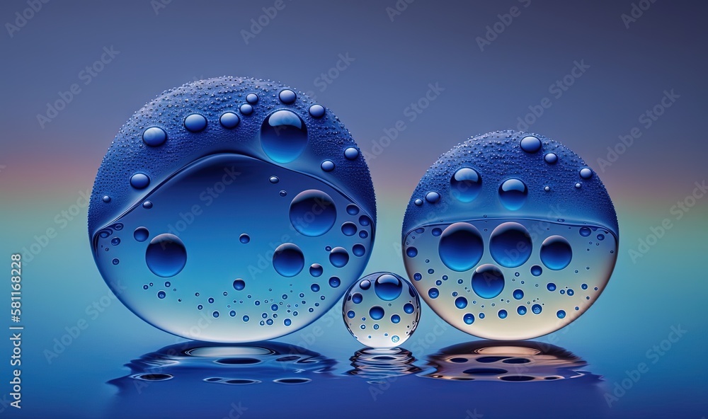 Poster a blue object with water droplets on it's sides and a reflection of the object on the ground in the 