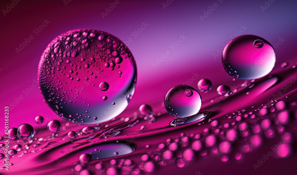 Poster a group of water droplets floating on top of a purple surface with a pink background and a purple ba