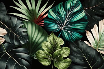  a bunch of green and white leaves on a black background with a red and green leaf on the left side of the image and a green and white leaf on the right side of the.  generative ai