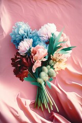 A beautiful bouquet of fresh spring flowers, flat lay on a pastel pink fabric. Gentle romantic background concept. Generative AI.